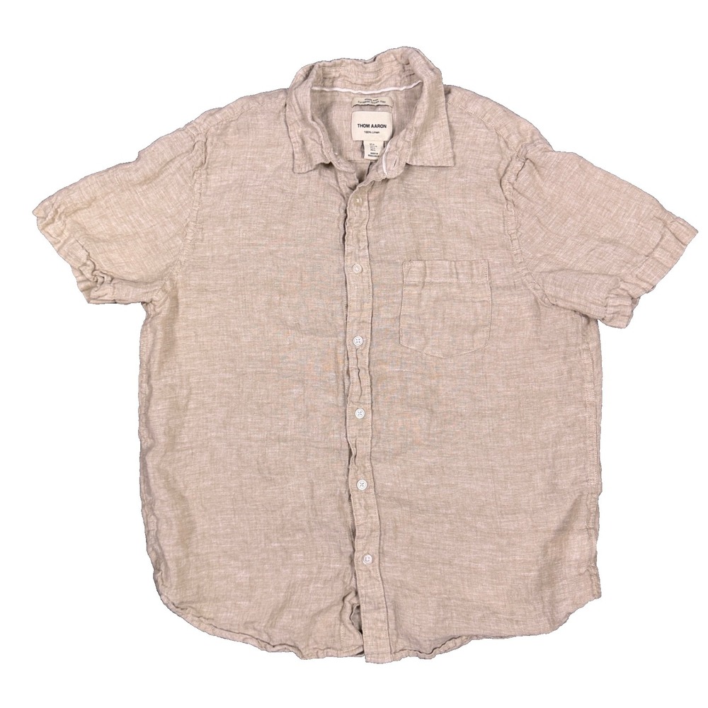 Thom Aaron Mens L 100% Linen Short Sleeve Button Down Shirt Tan Beige Flax